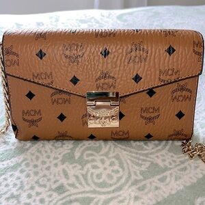 MCM Tan Gold Crossbody Bag with Monogram Print in preloved condition no flaws